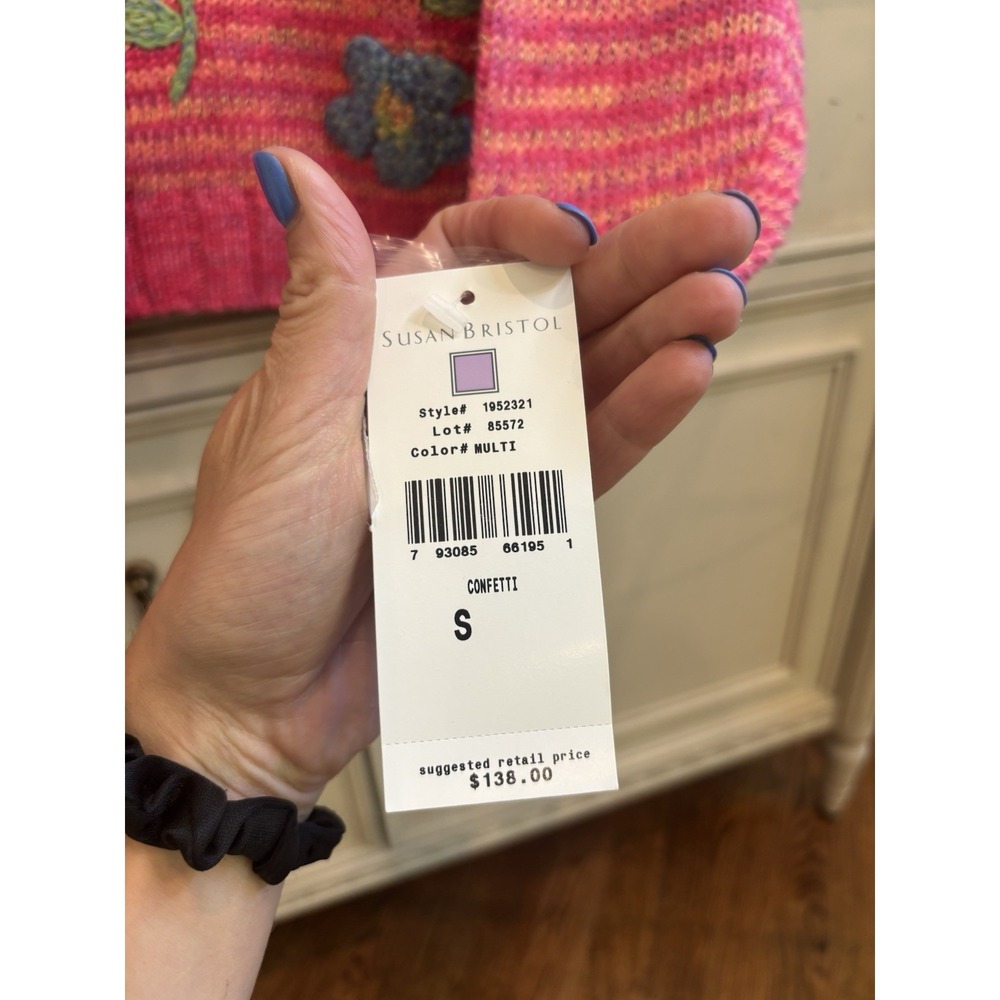 Susan Bristol NWT Embroidered Pink Orange Floral Sweater Small Cotton Striped - Picture 7 of 9